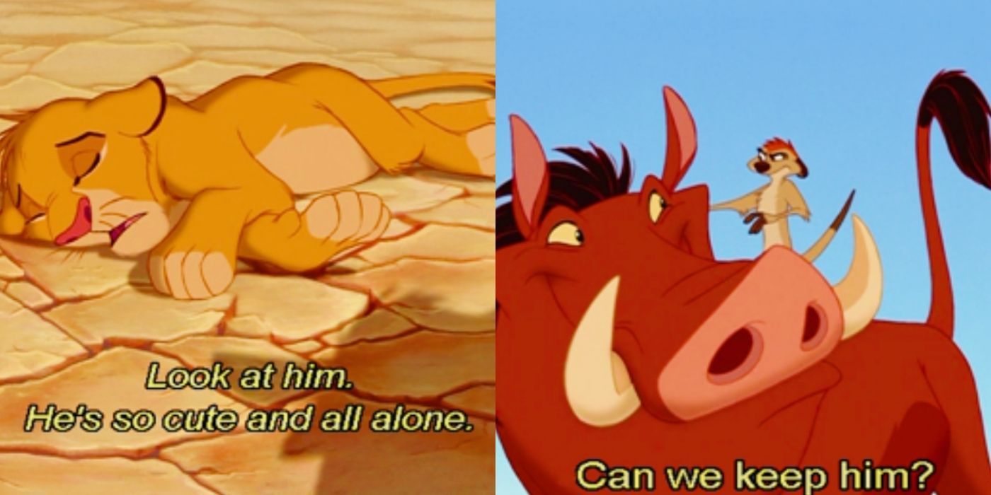 A split image of Pumbaa and Timon talking about keeping Simba on The Lion King
