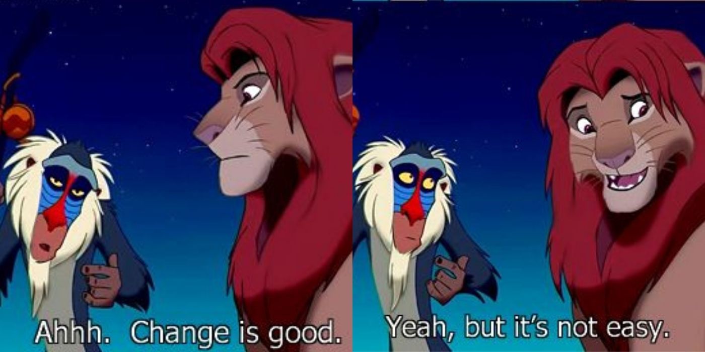 A split image of Rafiki and Simba talking about change on Lion King