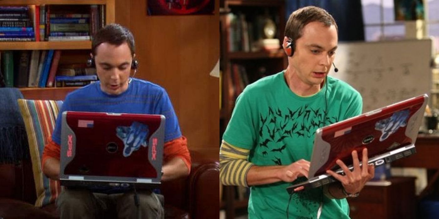 A split image of Sheldon on his laptop on TBBT