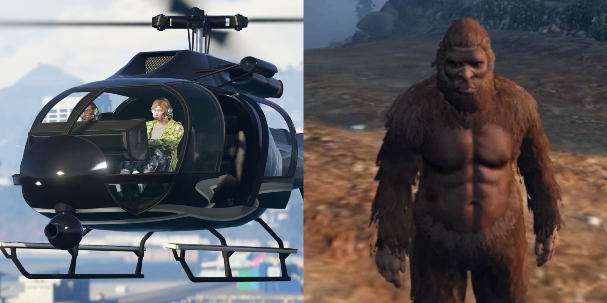 A split image of a player flying a helicopter and a player as Bigfoot in GTA V