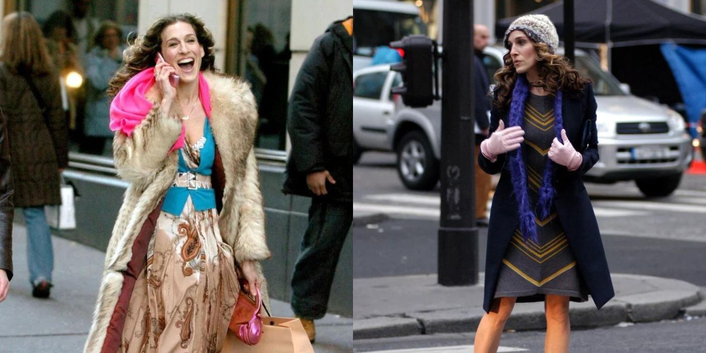 A split image of two of Carries outfits on SATC