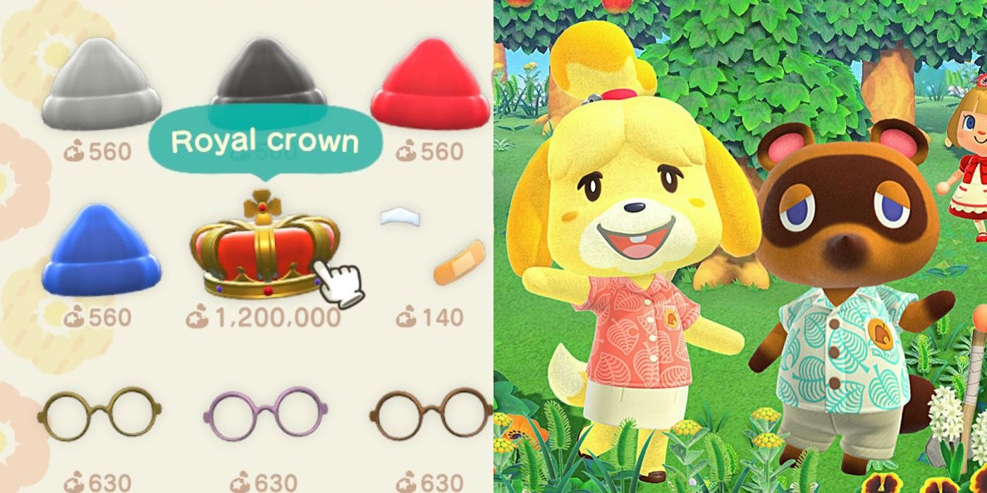 A split image showing the Royal Crown for sale in Animal Crossing and Isabelle and Tom Nook