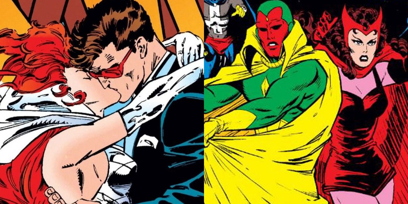 A split screen image of Cyclops, Jean Grey, Vision, and Scarlet Witch.
