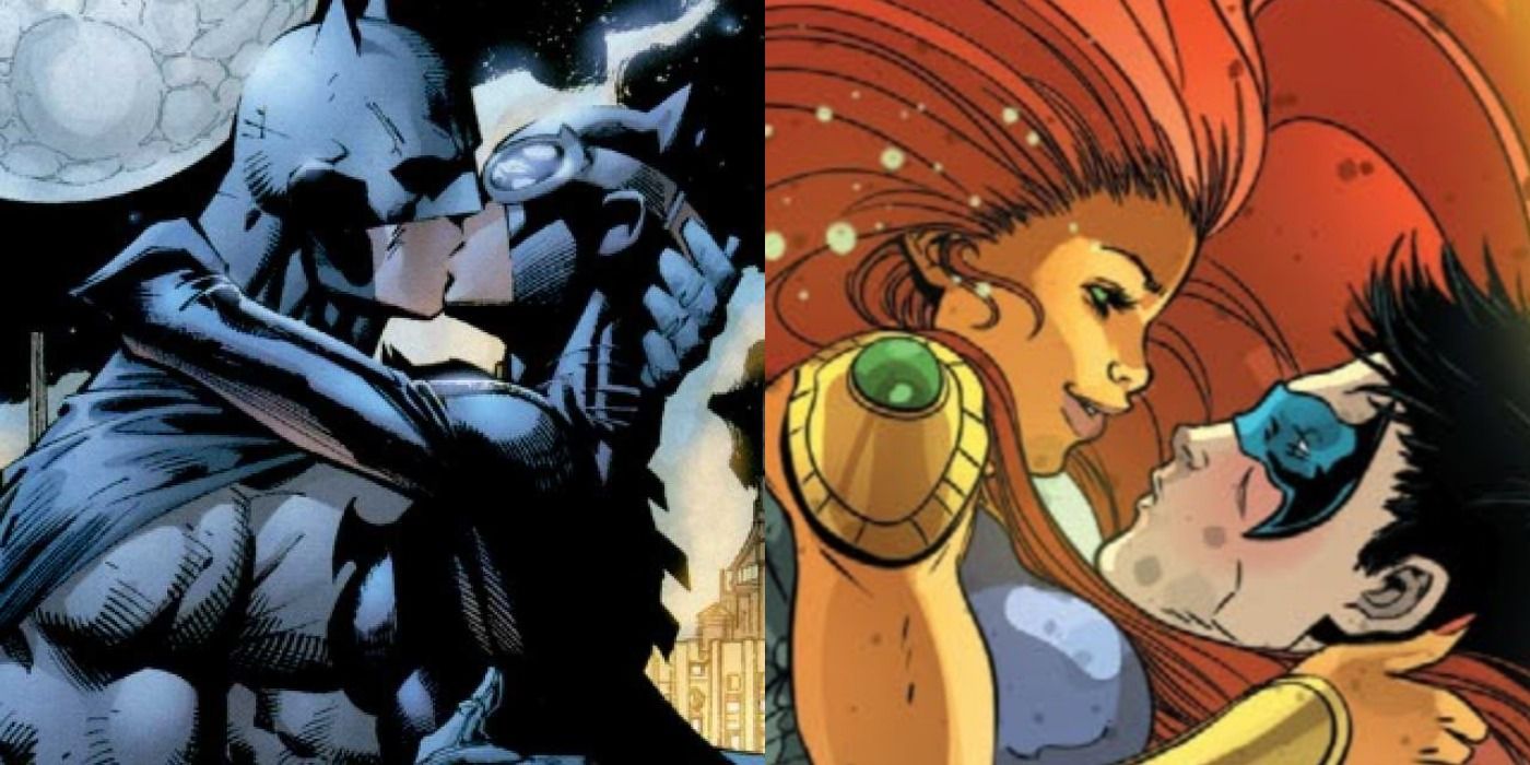A split screen of Batman, Catwoman, Nightwing, and Starfire