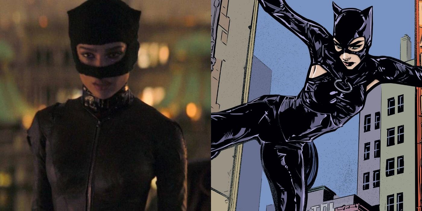 A split screen of Catwoman in The Batman and the comics