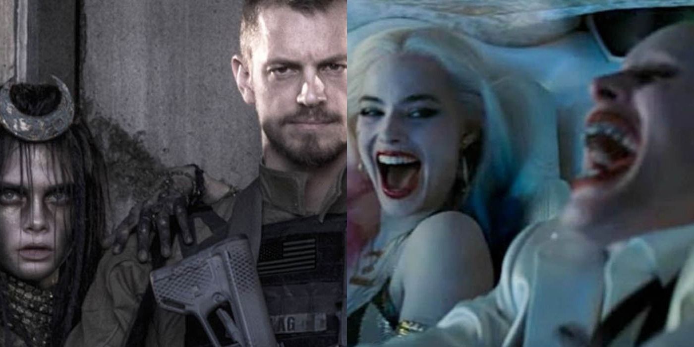 A split screen of Enchantress, Rick Flagg, Joker, and Harley Quinn.