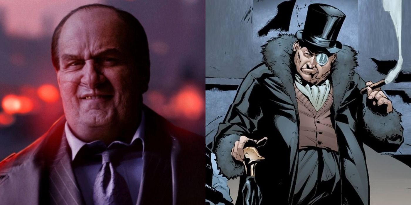 A split screen of Penguin in The Batman and the comics