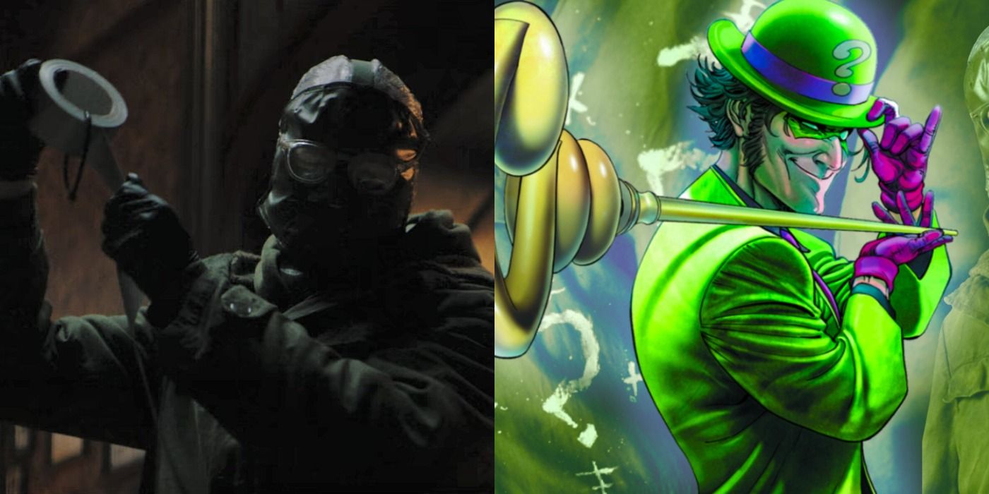 A split screen of Riddler in The Batman and the comics