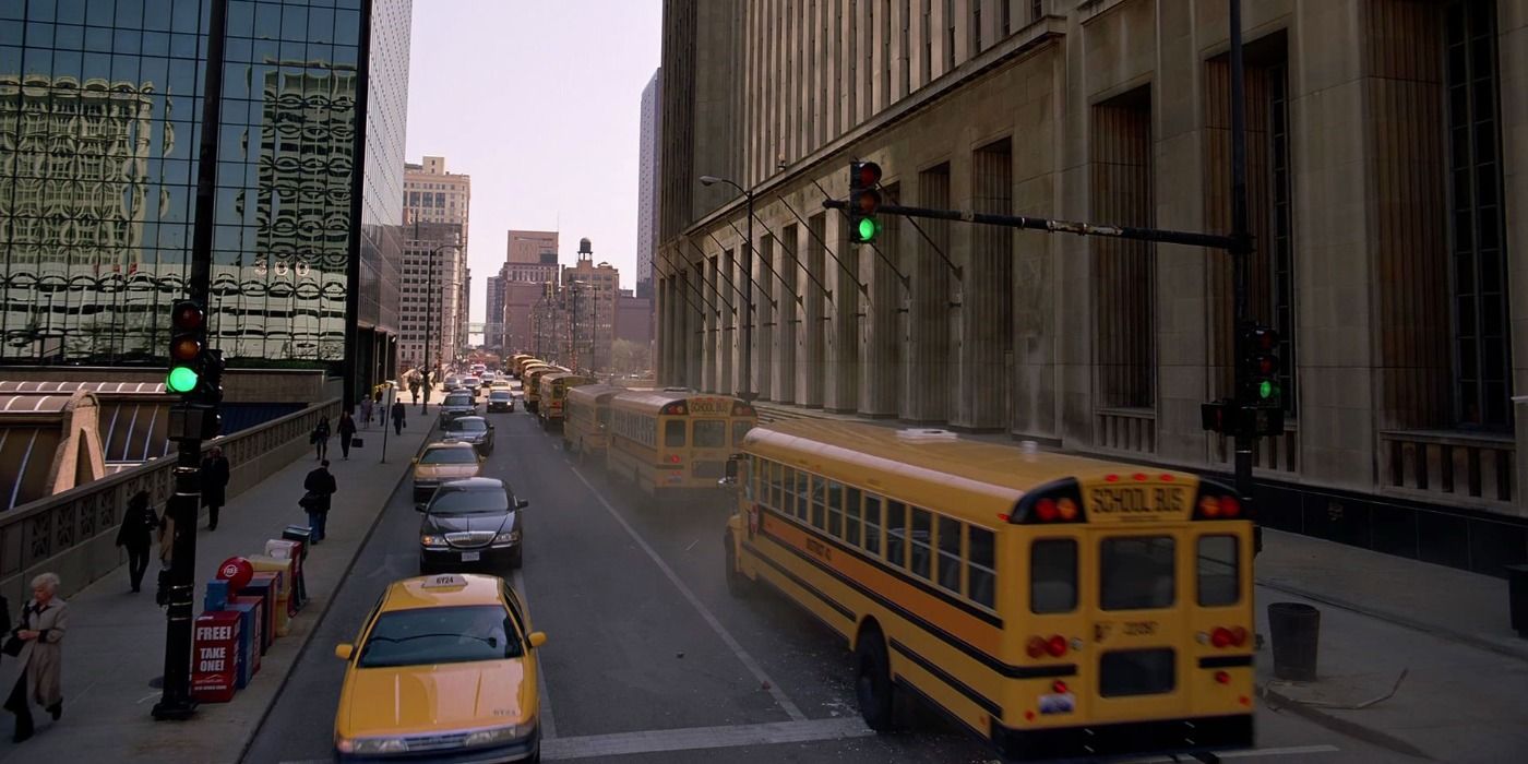 A trail of school buses in The Dark Knight