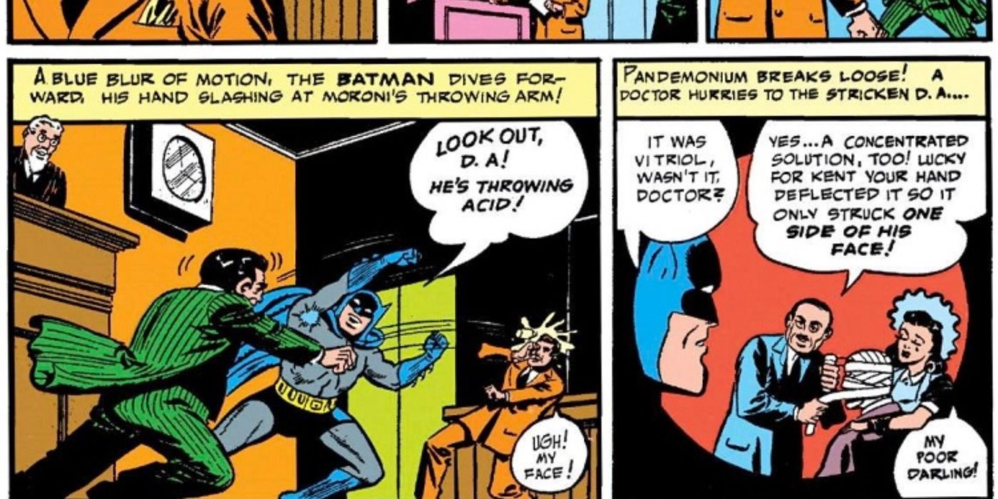 A villain throws acid at Harvey Dent in DC Comics.