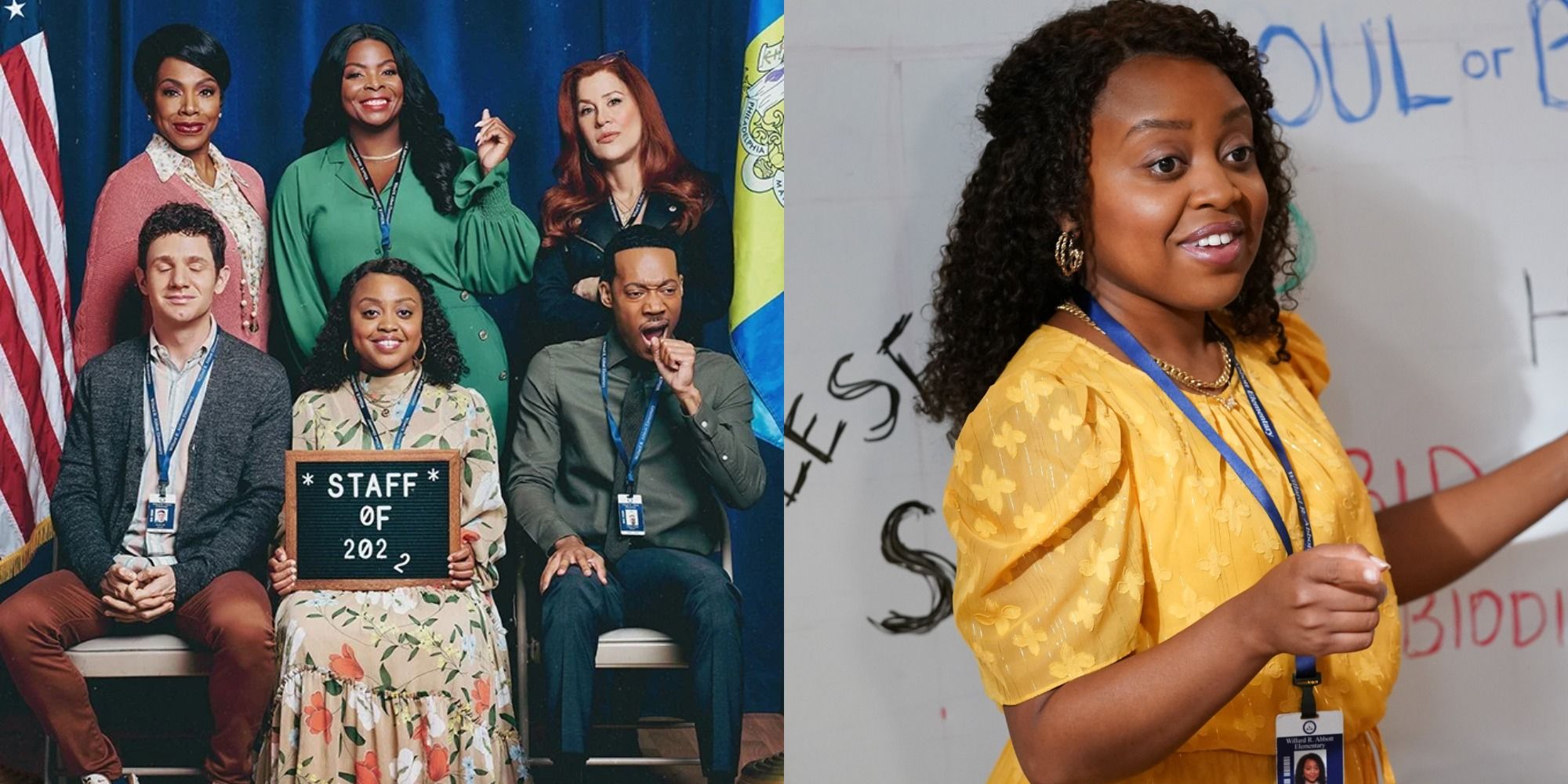 Split image showing the cast of Abbott Elementary and Janine