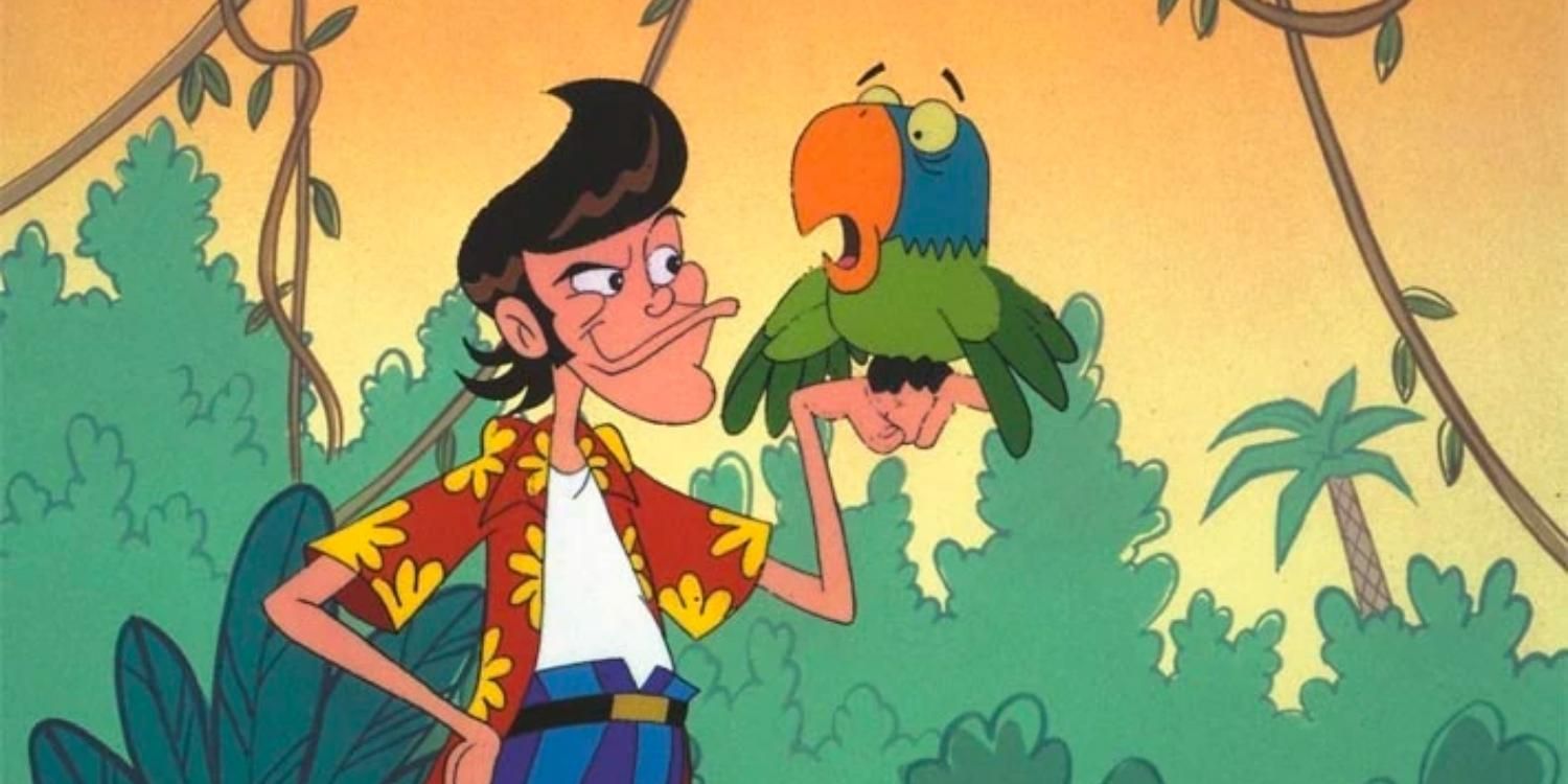 Ace Ventura with a parrot in the cartoon series
