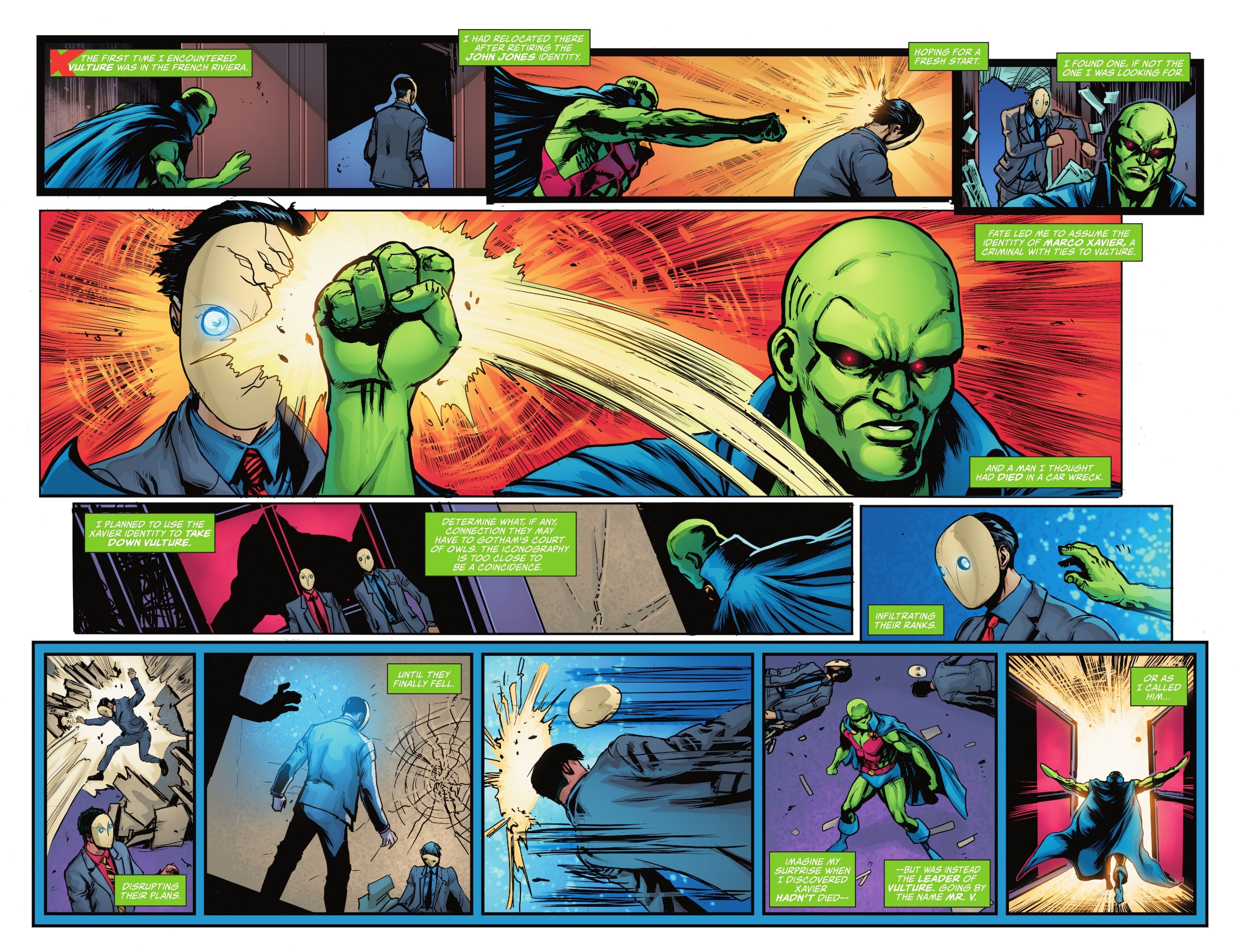 Martian Manhunter fights Vulture and speculates on their connection to the Court of Owls