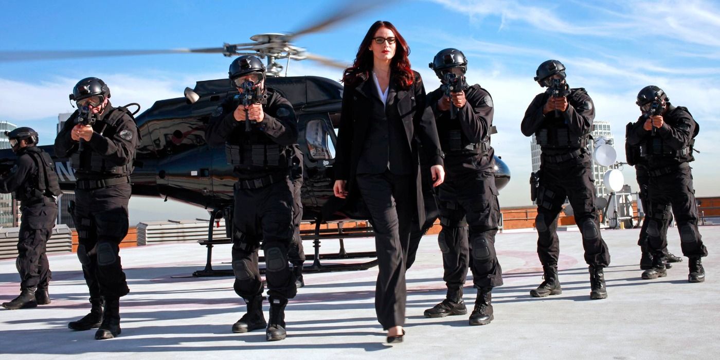 Agents of SHIELD scene with Victoria Hand walking out of a helicopter