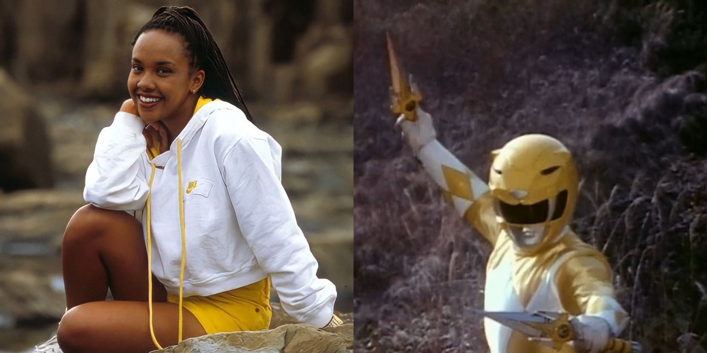 Imagem dividida de Aisha, a segunda Ranger amarela, de Mighty Morphin Power Rangers