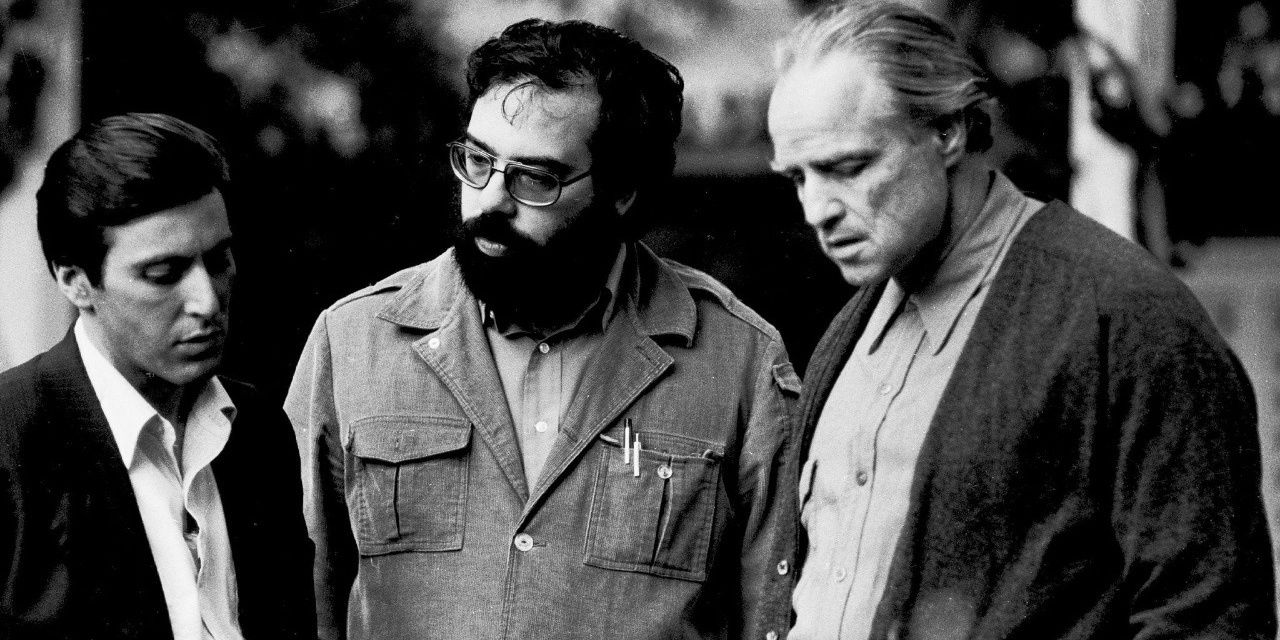 Coppola backstage with Al PAcino and Marlon Brando on the set of The Godfather
