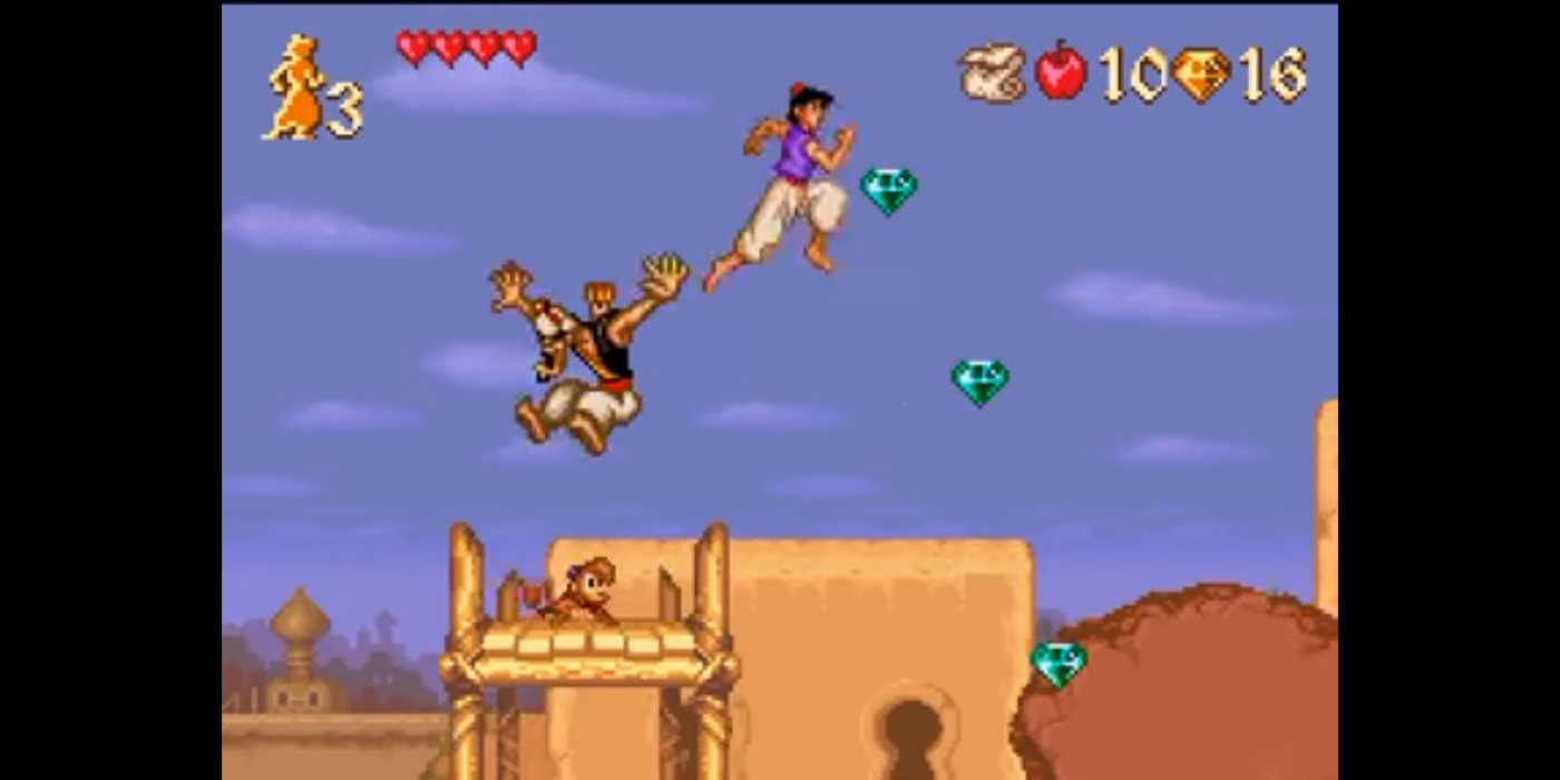 Aladdin jumping off an enemy towards a gem in the Aladdin video game.