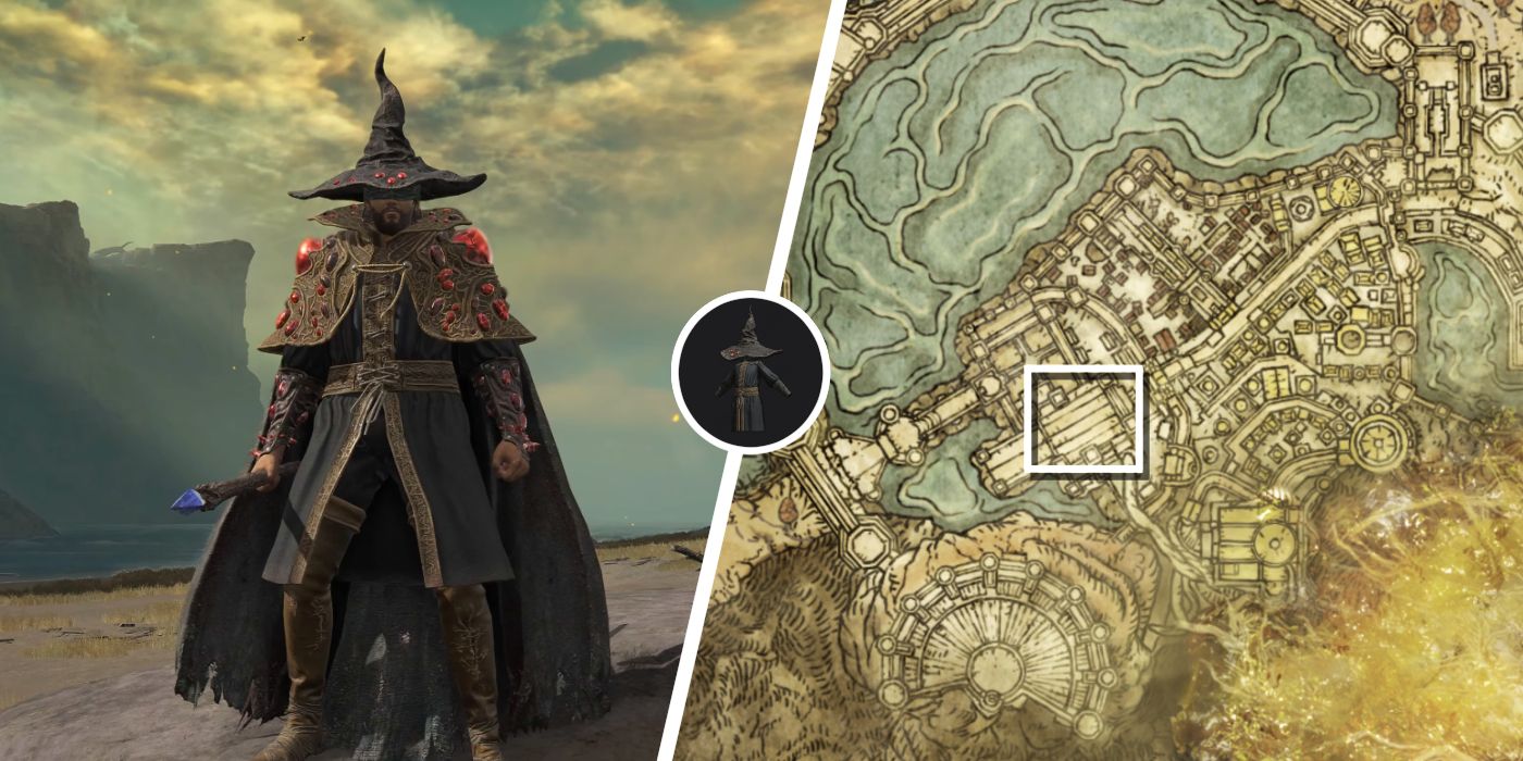 A splitscreen image of an Elden Ring player wearing the Alberich's Set outfit, which is mostly robes, a pointy witch hat, and a cloak covered in red gems, next to another image of Elden Ring's map with a specific location highlighted inside a white square