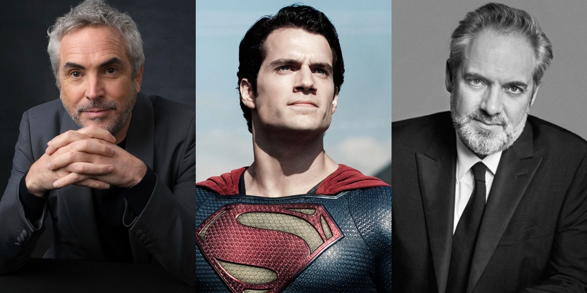 Split image showing Alfonso Cuarón, Henry Cavill in Man of Steel, and Sam Mendes