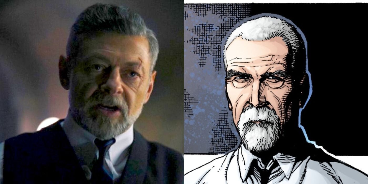 Split image of Alfred in The Batman and Earth One