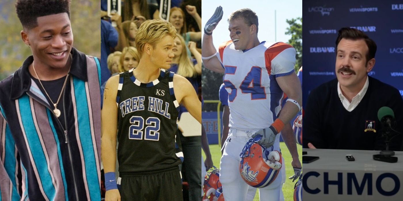 Four side by side images from All American, One Tree Hill, Blue Mountain State, Ted Lasso