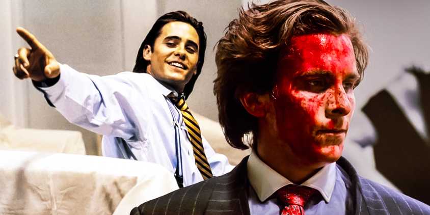 Collage of Paul Allen pointing and Patrick Bateman covered in blood in American Psycho