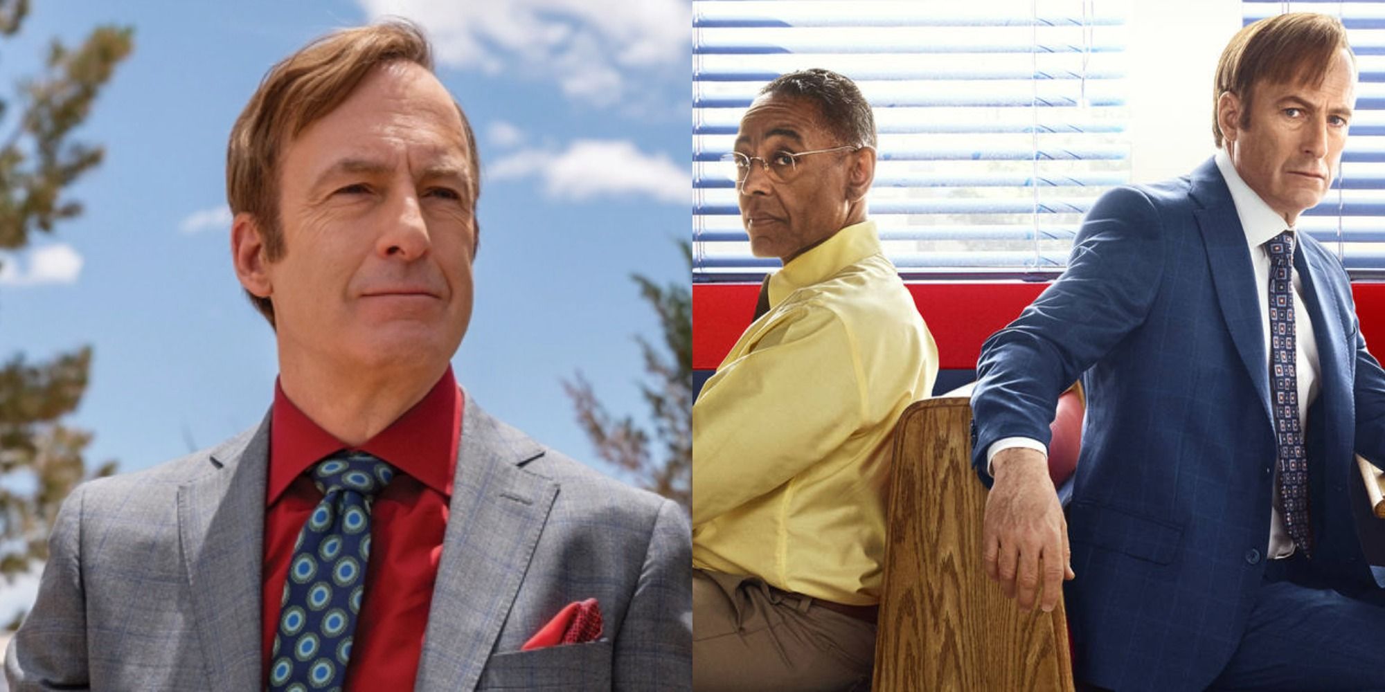 An image of Gus Fring and Saul sitting in a booth and Saul smiling in Better Call Saul