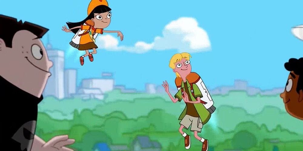 An image of Jeremy flying in the sky with Phineas and Ferb's friends