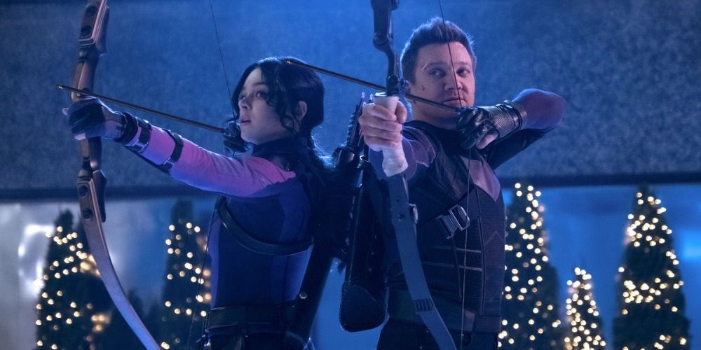 An image of Kate and Clint about to fire arrows in Hawkeye