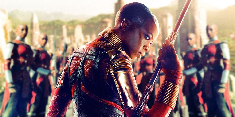 An image of Okoye holding a staff in Black Panther