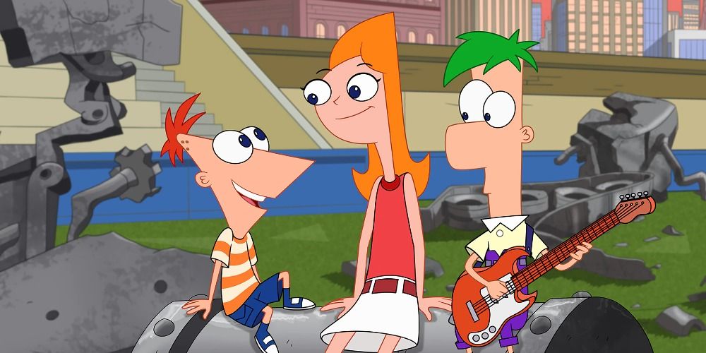 An image of Phineas, Ferb and Candace sitting on a pipe in the tv series