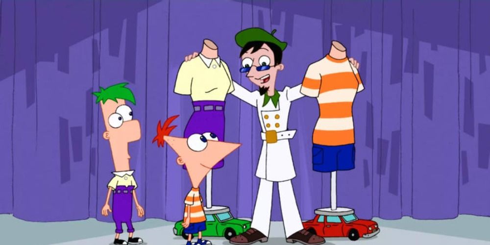 An image of Phineas and Ferb looking at a fashion guru in the show