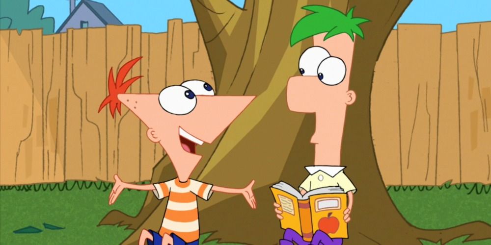 An image of Phineas and Ferb sitting under a tree