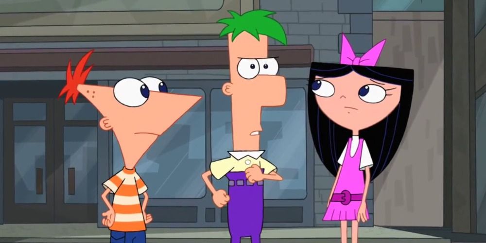 An image of Phineas and Isabella looking at an angry Ferb