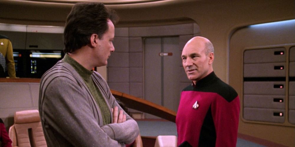 An image of Picard and Q fighting in Star Trek
