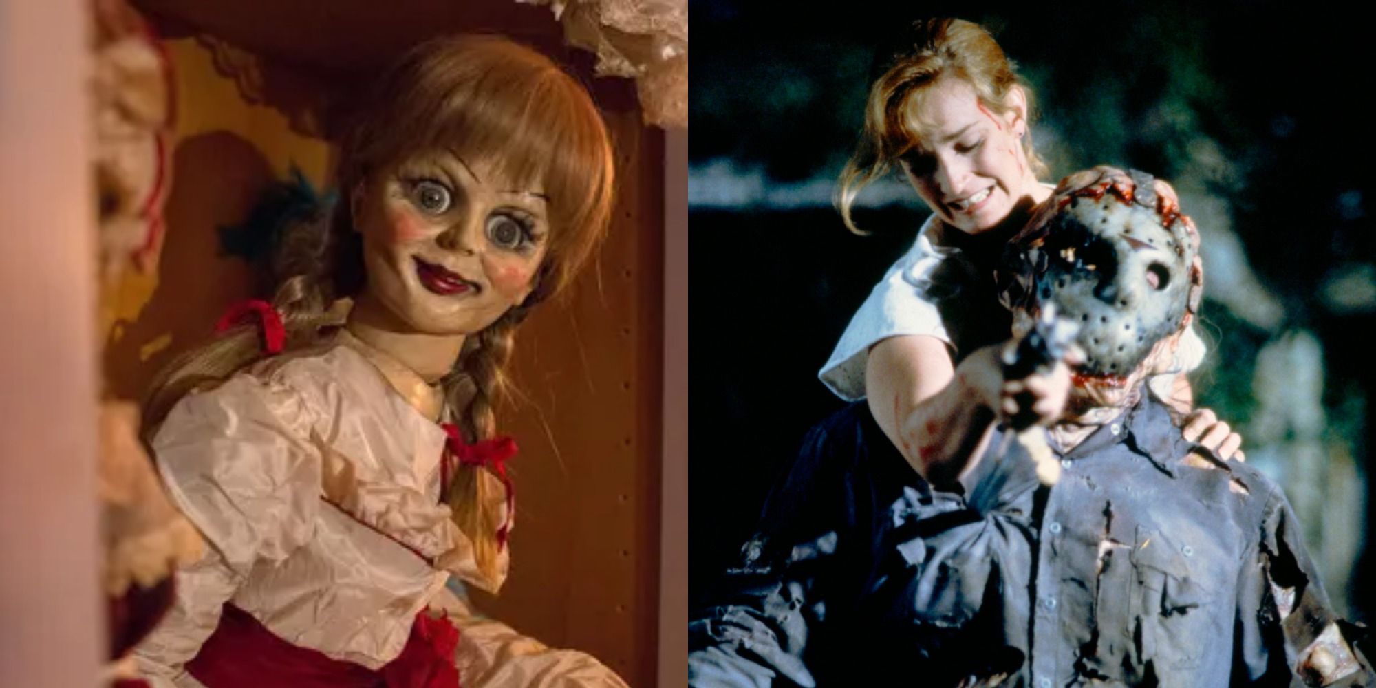 Split image showing Anabelle in Anabelle Creation and a young woman stabbing Jason in Jason Goes To Hell