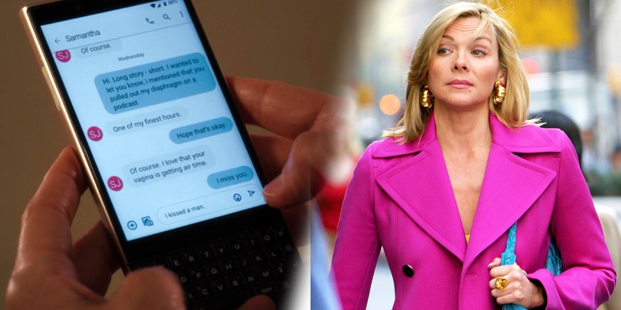 Split image of Carrie texting Samantha and Samantha in AJLT and SATC