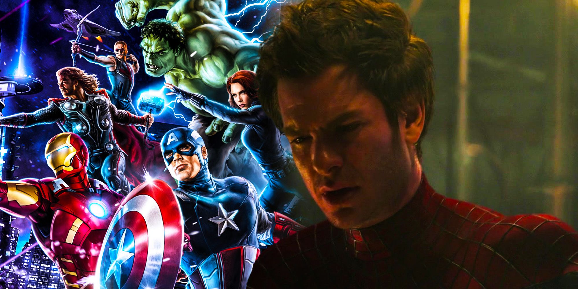 Split Image: Avengers rush toward a battle; Andrew Garfield's Spider-Man ponders the existence of Avengers