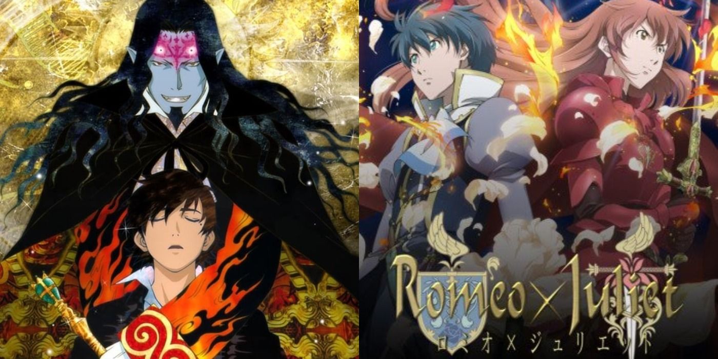 A two-photo collage. On the left is the Count embracing Albert from behind in Gankutsuou. On the right are Romeo and Juliet posing back to back in Romeo x Juliet.