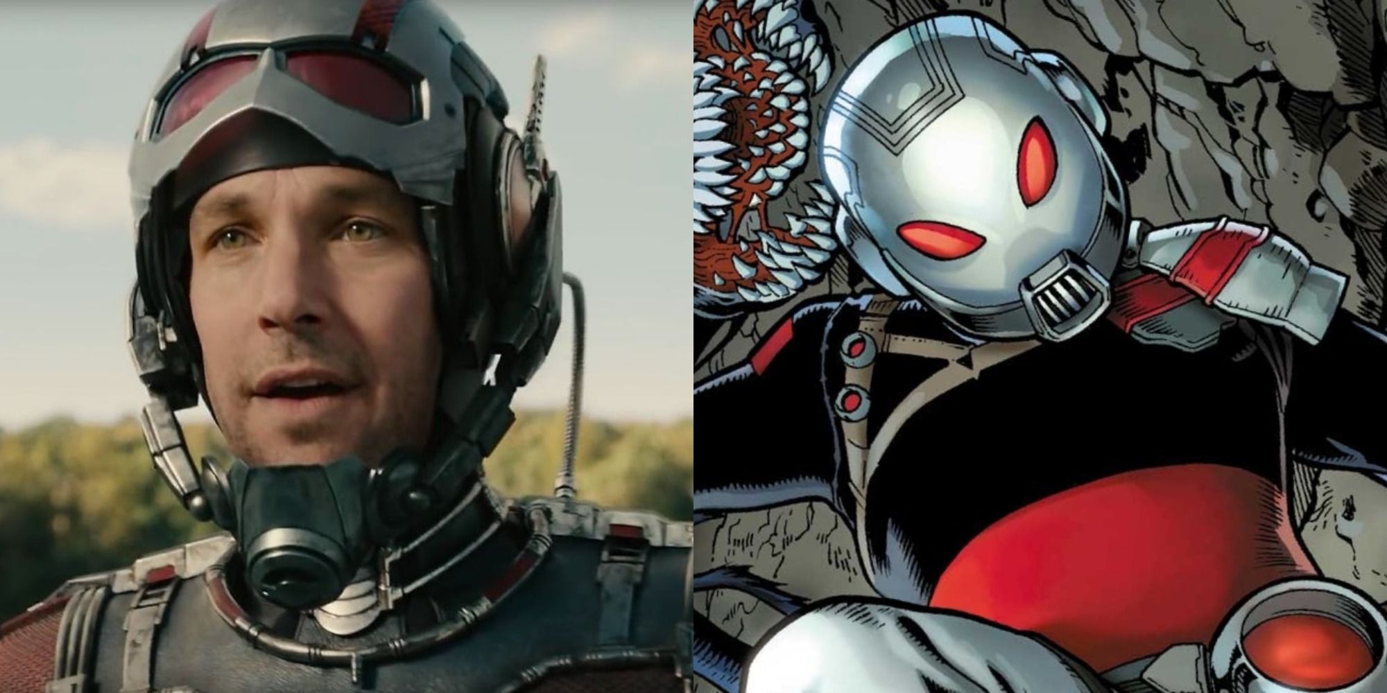 Split image of Ant-Man in the MCU and in Marvel Comics