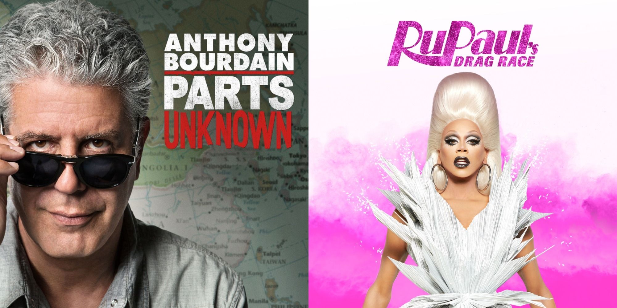 Split image showing Anthony Bourdain in Parts Unknown and RuPaul in Drag Race