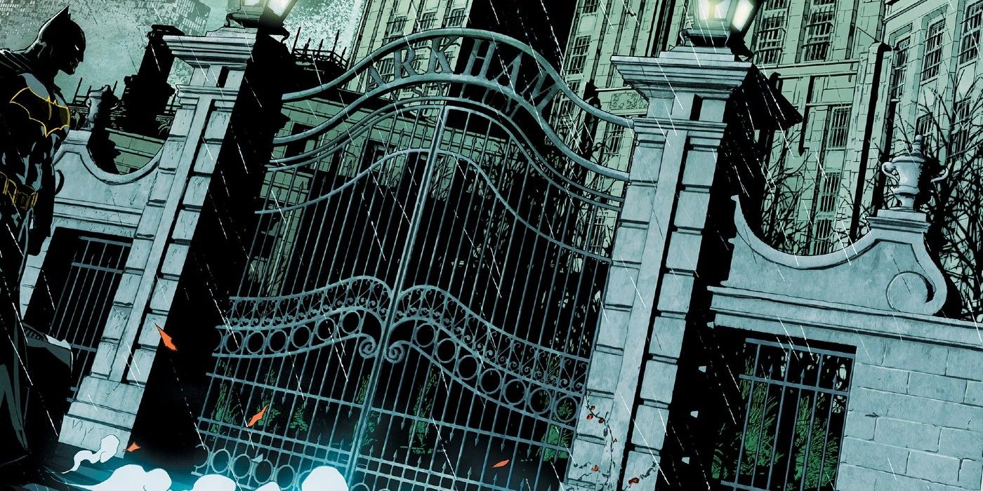 Batman at the gates of Arkham in Gotham 