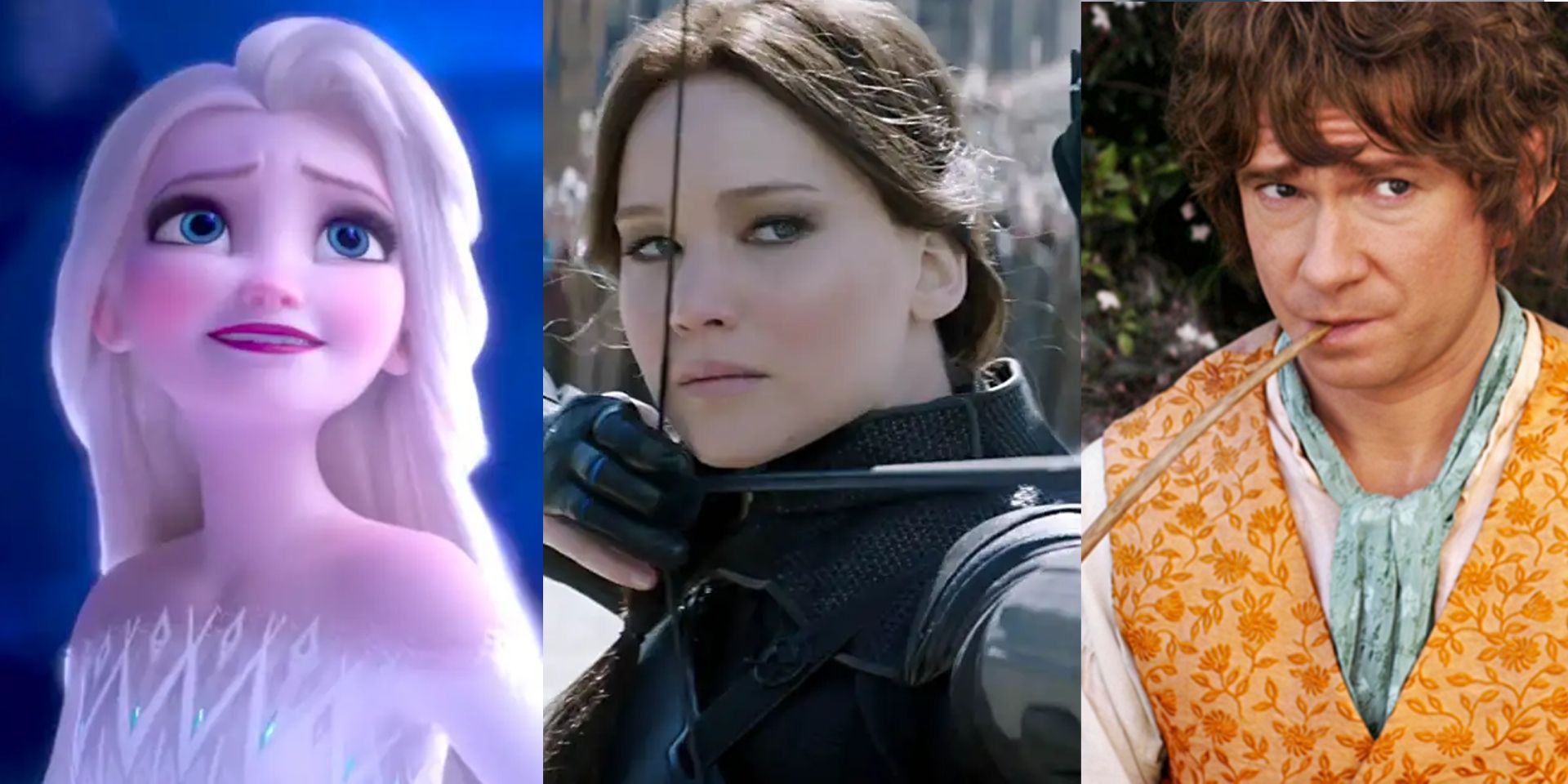 Split Image of Elsa from Frozen, Katniss from Hunger Games: Mockingjay Part 2, and Bilbo from The Hobbit: An Unexpected Journey