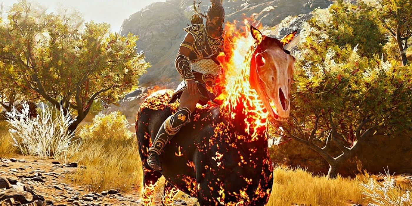 The mysthios riding Abraxas the fire horse in AC Odyssey