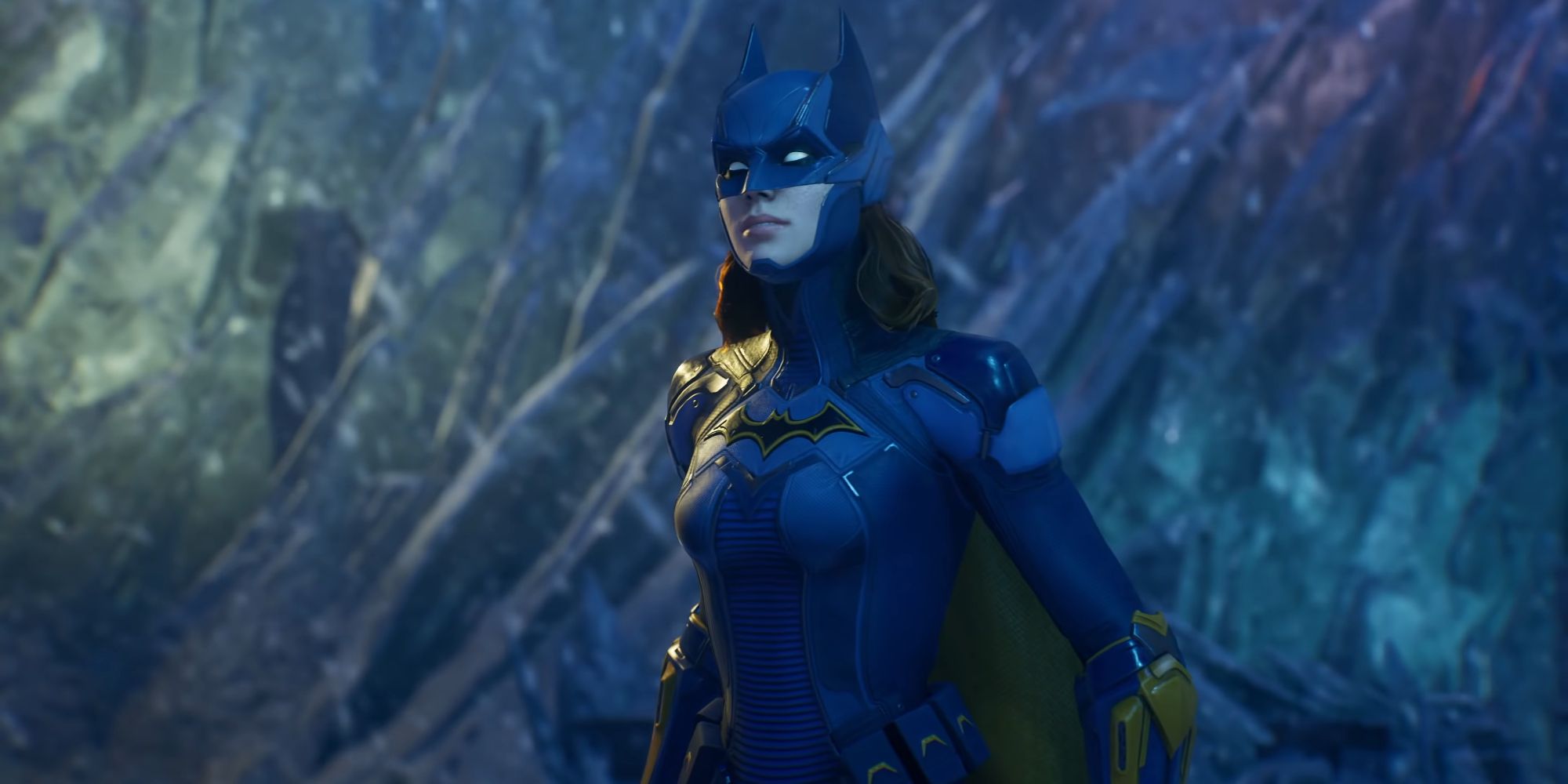 Batgirl in her armored batsuit in Mr. Freeze's fortress in Gotham Knights