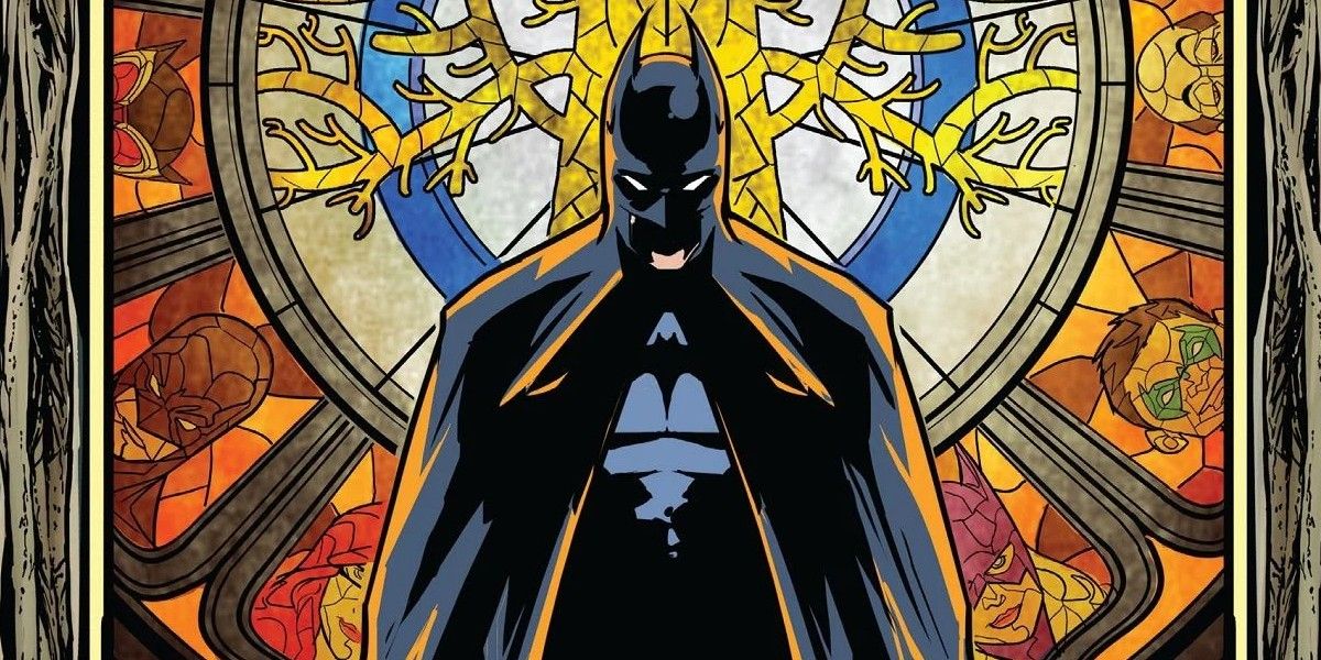Batman standing in front of a stained glass window