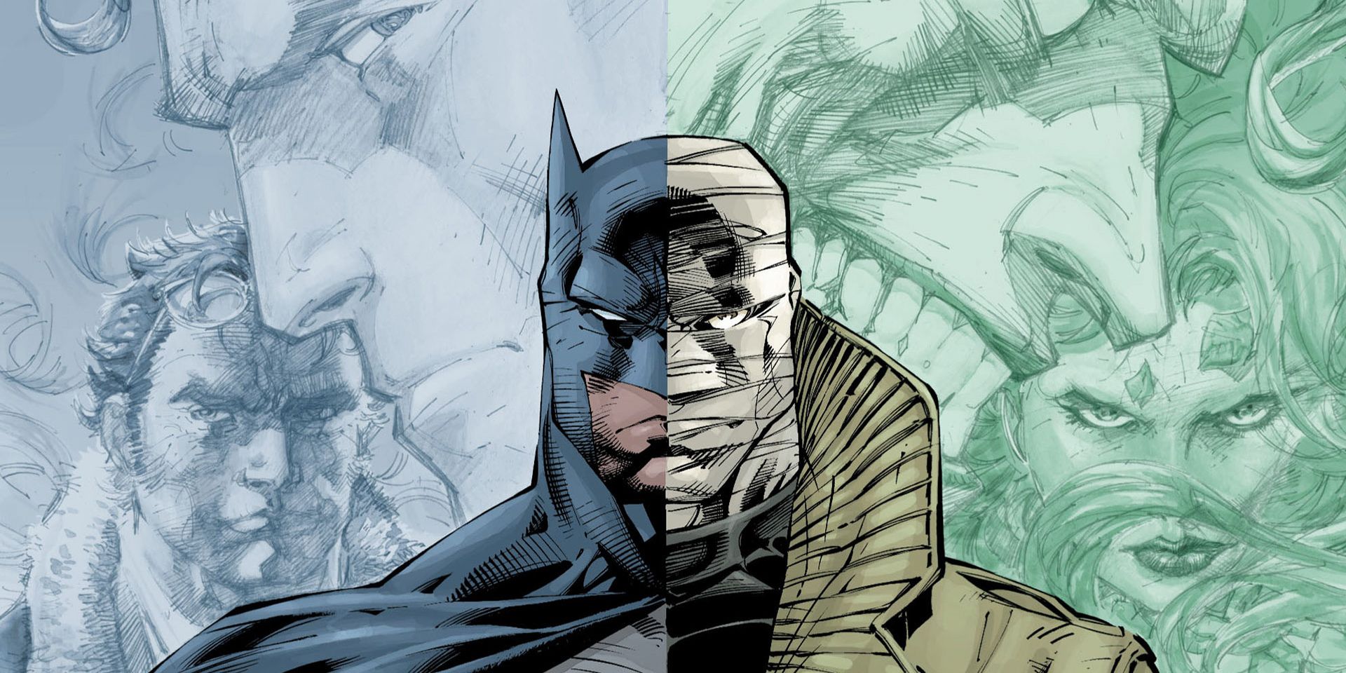 A split screen of Batman and Hush in DC comics