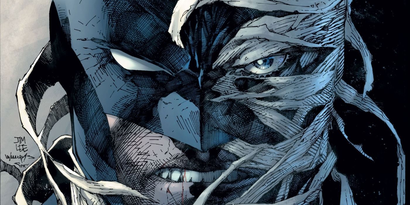Batman and Hush's faces split in half in Hush cover art