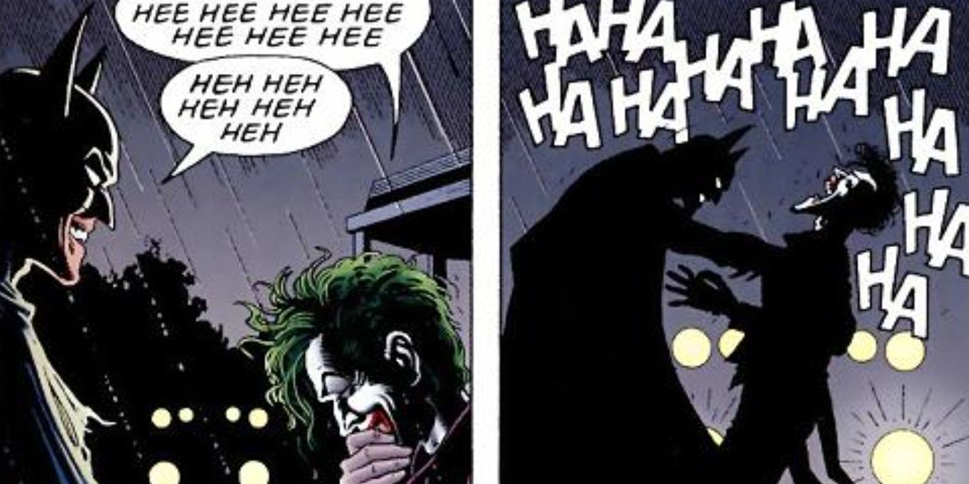 Batman and the Joker bursting into laughter in The Killing Joke