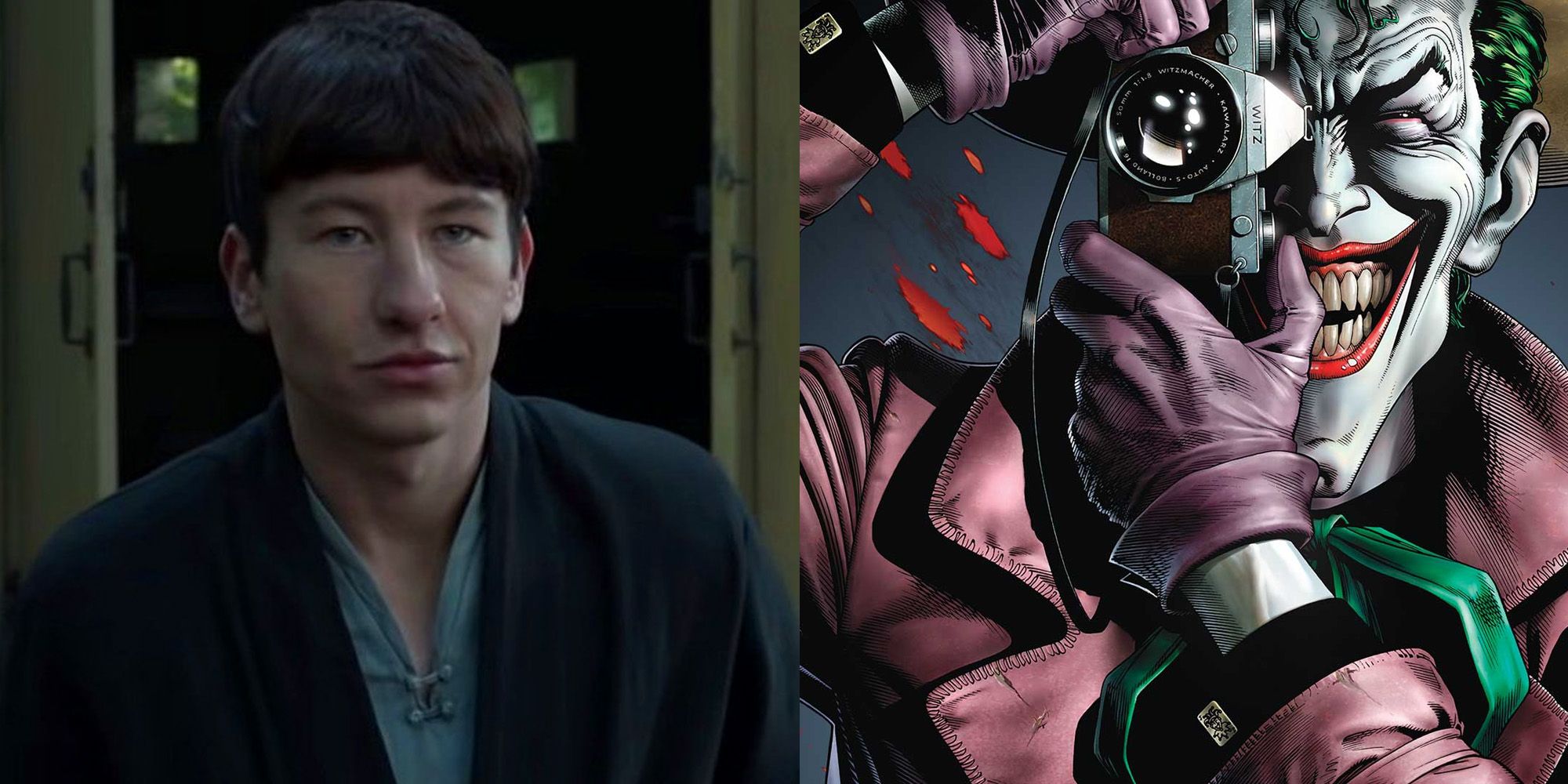 A split image of Barry Keogh smiling and The Joker taking a photograph